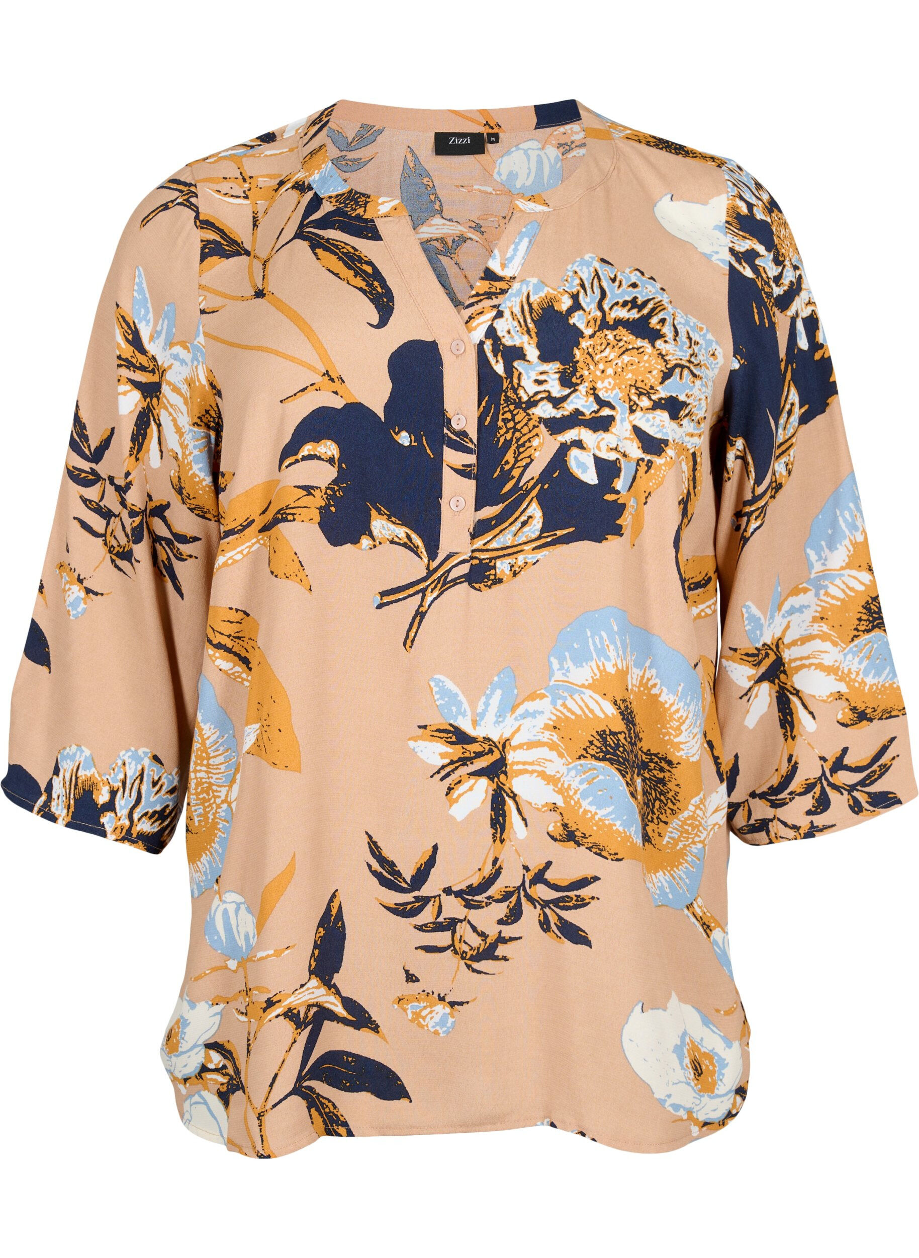 Zizzifashion Blouse in viscose with 3/4 sleeves, Blue Flower AOP, Packshot image number 0