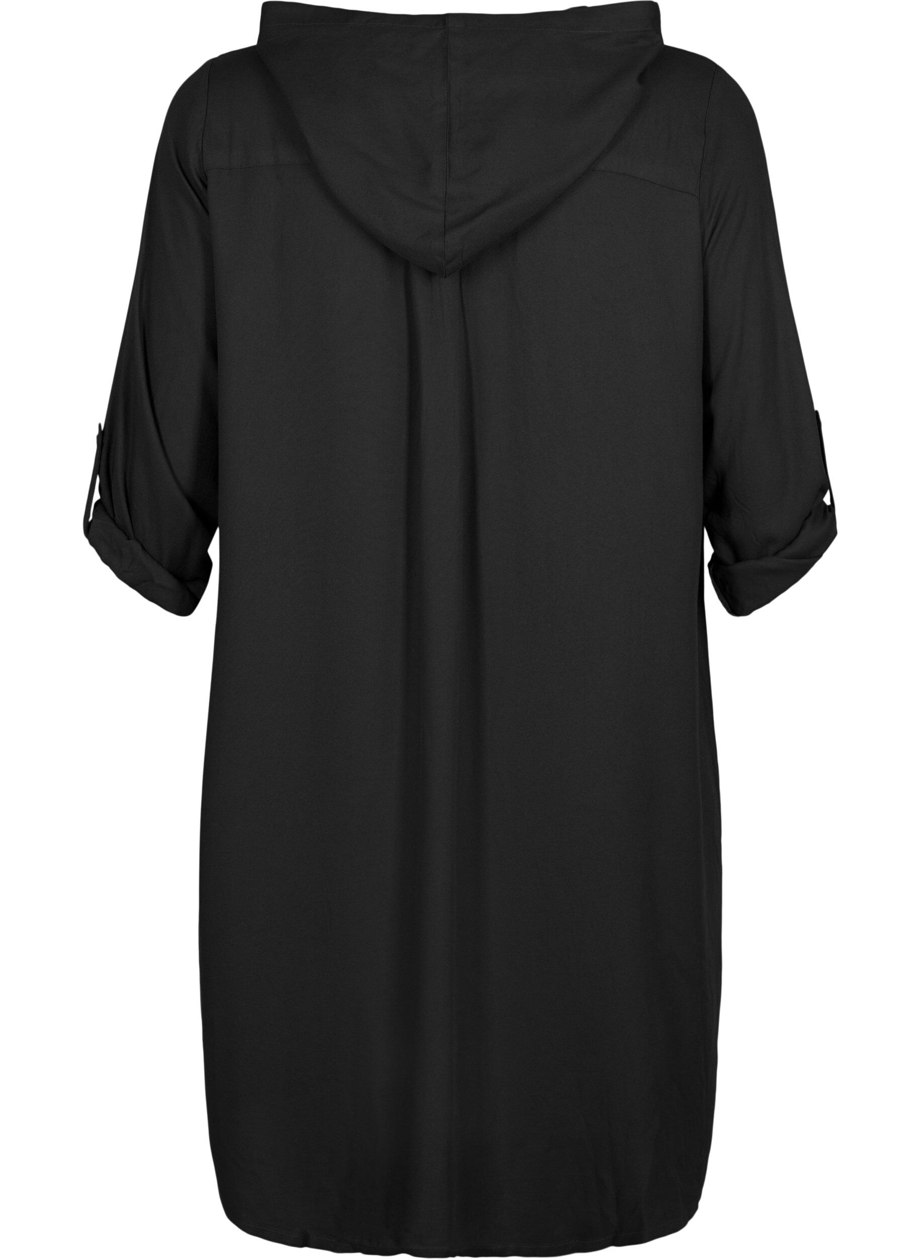 Zizzifashion Shirt dress in viscose with hood and 3/4 sleeves, Black, Packshot image number 1