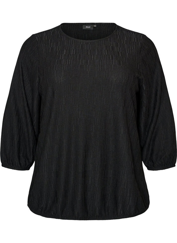 Blouse with texture and 3/4 sleeves, Black, Packshot image number 0