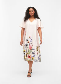 Midi dress with floral print and short sleeves, White Sand, Model