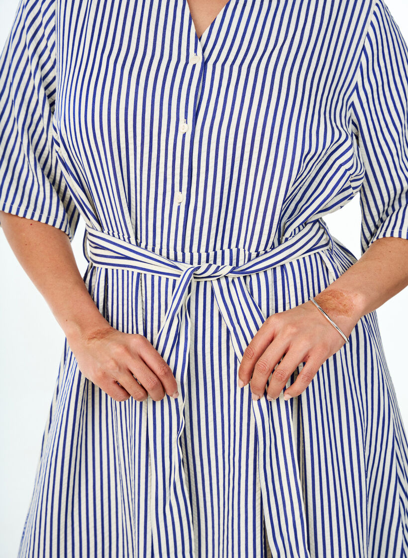 Ankle-length shirt dress with tie belt and stripes, Blue, Model image number 3