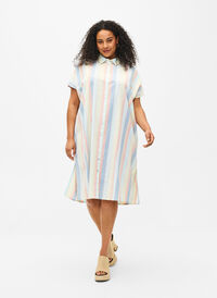 Long shirt in cotton blend with linen, Multi Color Stripe, Model