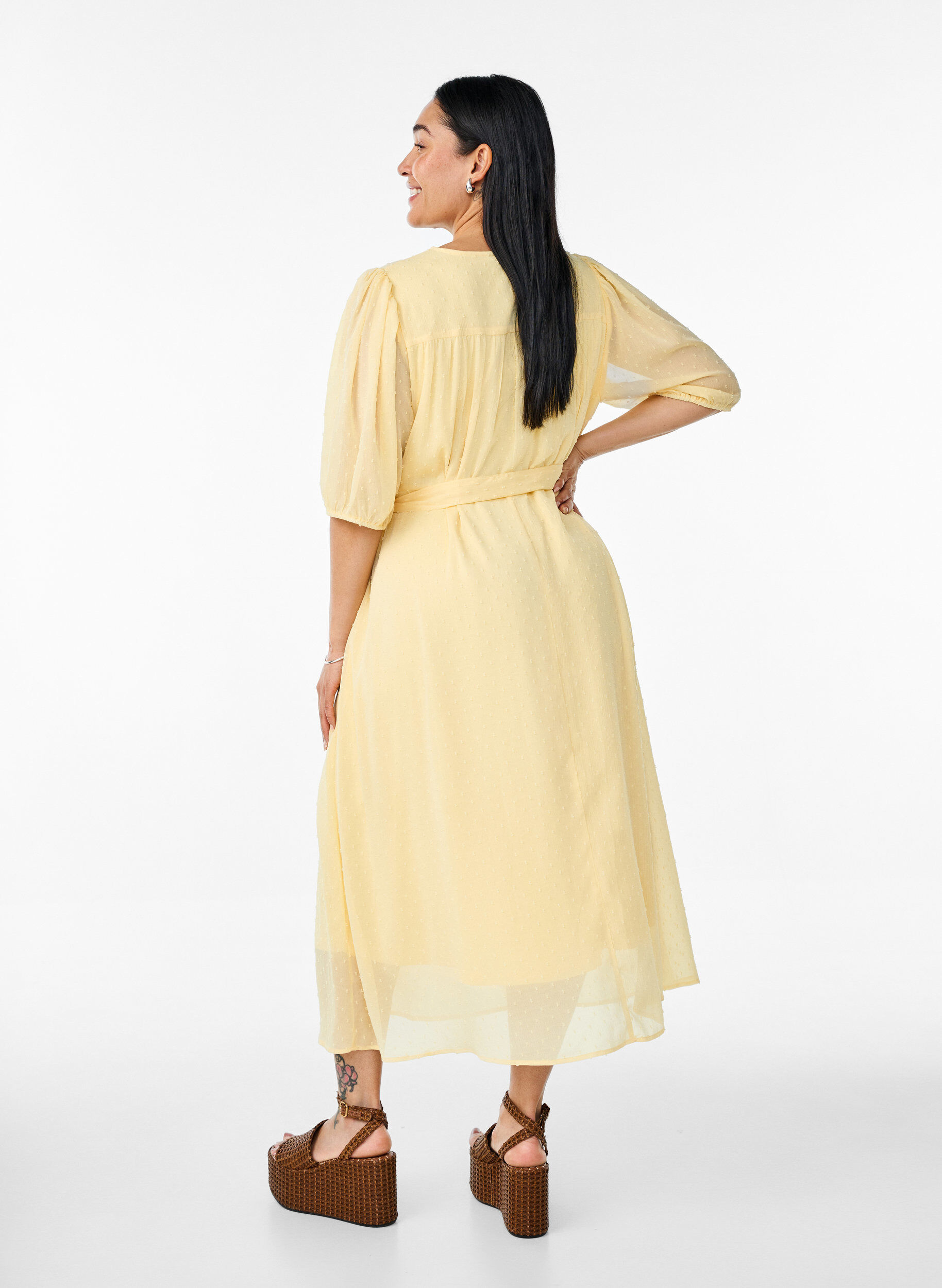 Zizzifashion V-neck midi dress with tie fastening, Yellow, Model image number 1