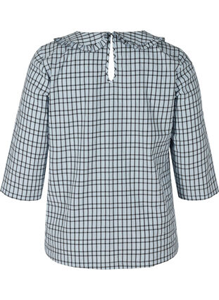 Checked blouse with 3/4 sleeves and ruffled collar, Light Blue Check , Packshot image number 1