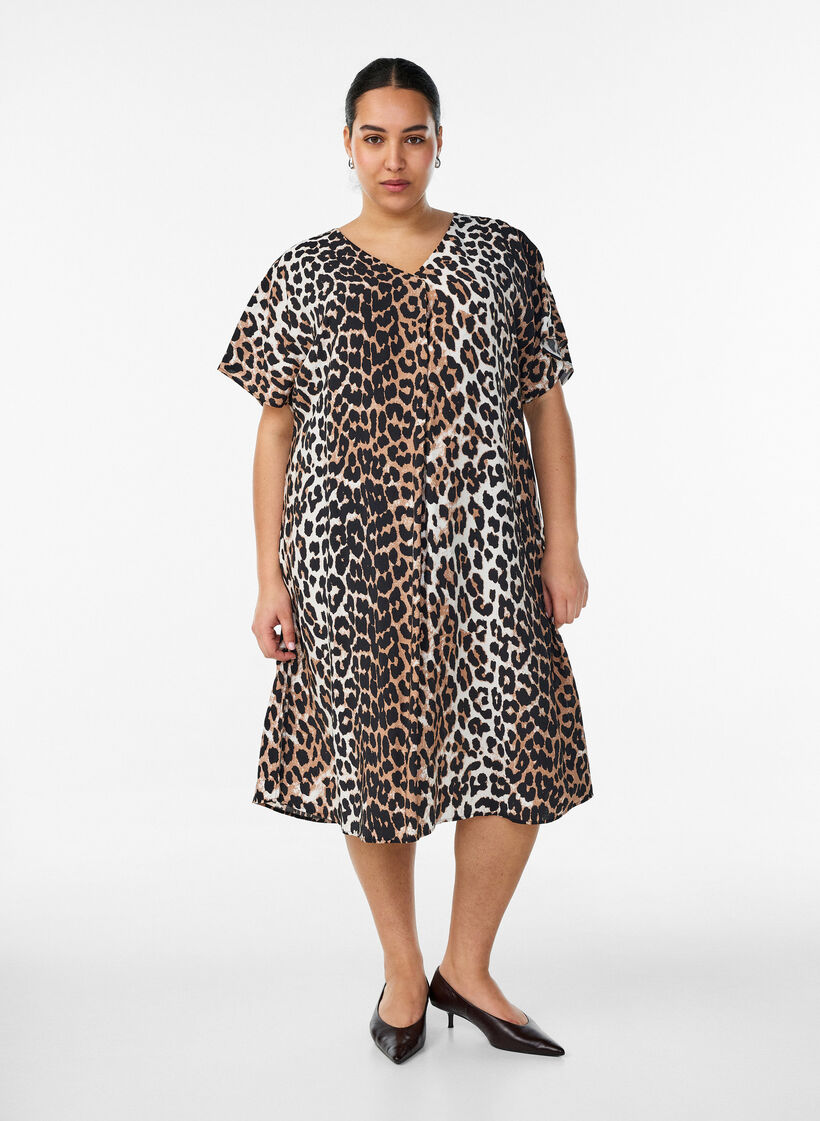 V-neck dress in viscose, Brown, Model image number 0