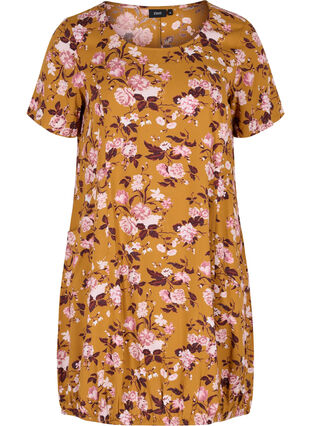 Short-sleeved viscose dress with print, Yellow Flower, Packshot image number 0