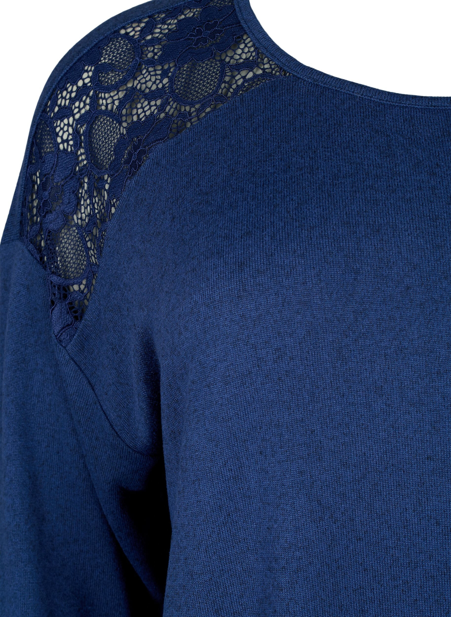 Zizzifashion Blouse with 3/4 sleeves and lace detail, Medieval Blue Mel., Packshot image number 2