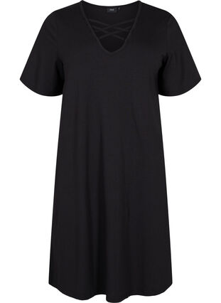 Short-sleeved night dress with v-neck, Black, Packshot image number 0