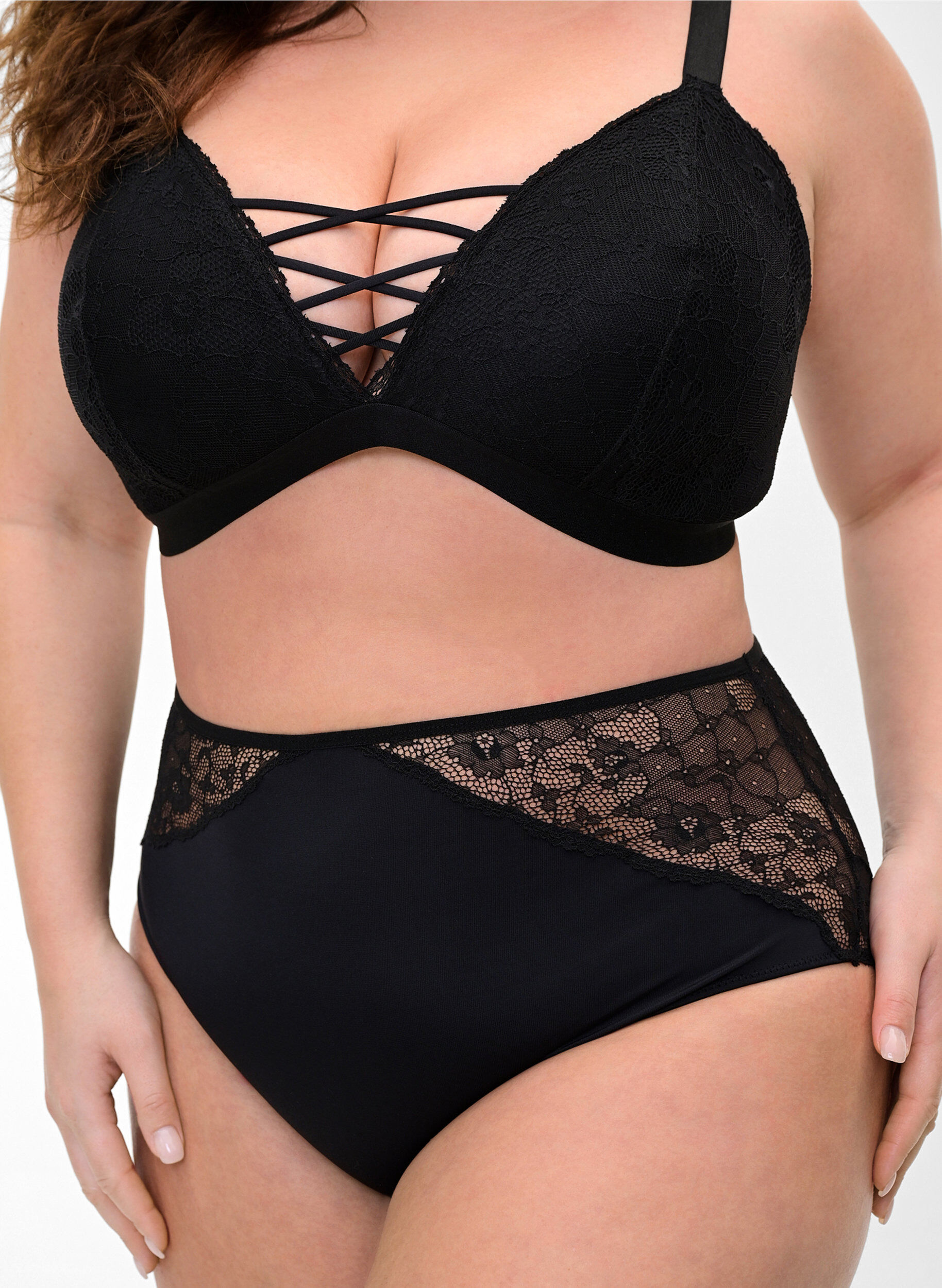 Zizzifashion High-waisted underwear with lace, Black, Model image number 2