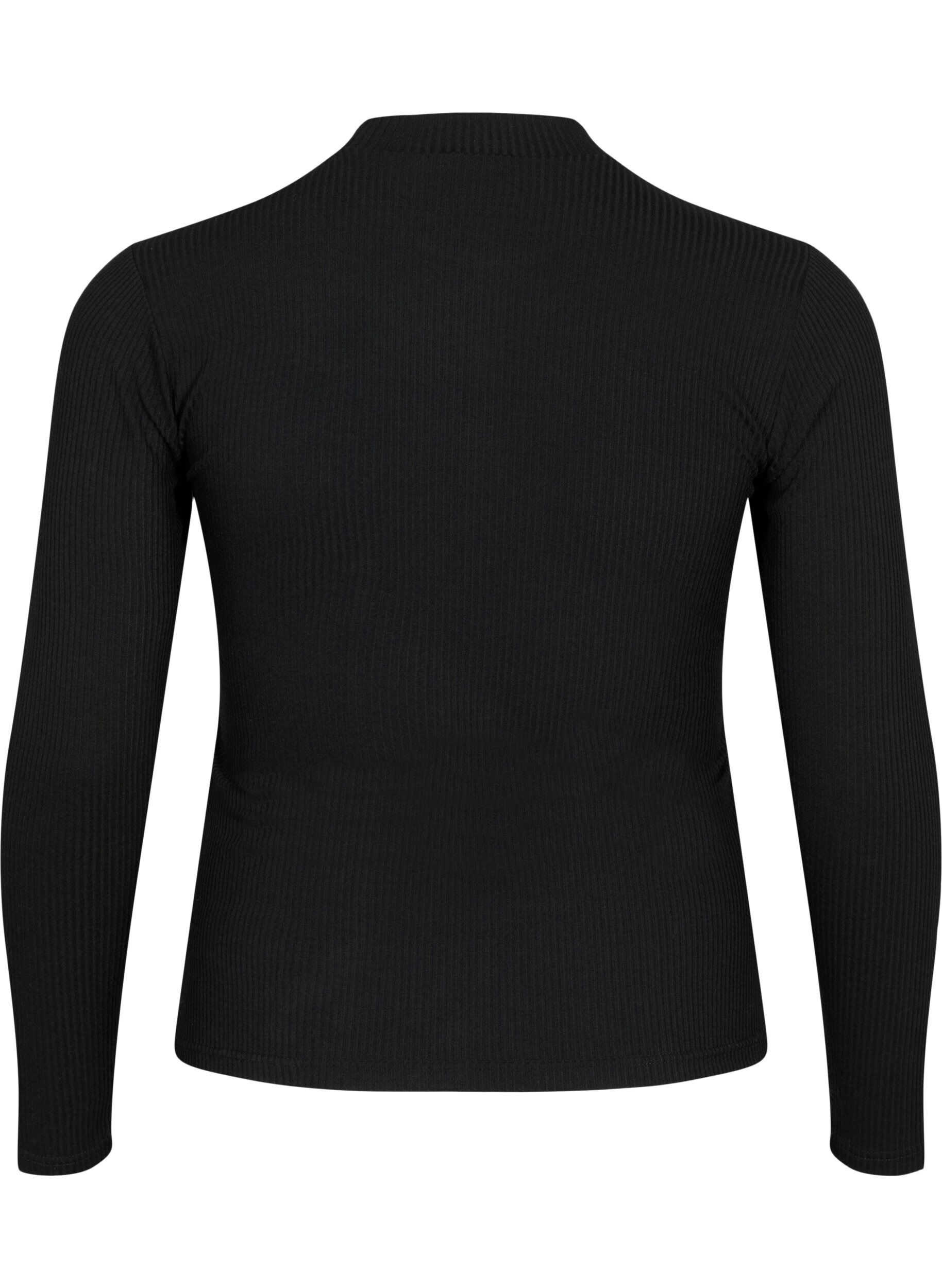 Zizzifashion Long sleeve ribbed blouse with hole details, Black, Packshot image number 1