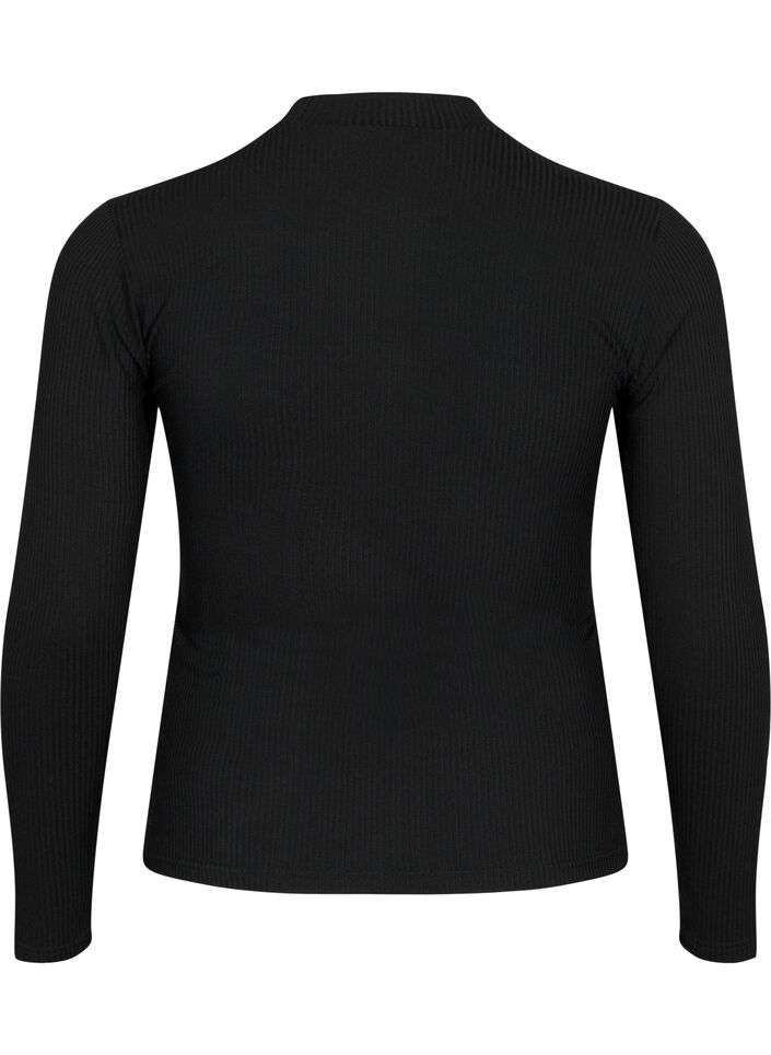 Long sleeve ribbed blouse with hole details, Black, Packshot image number 1