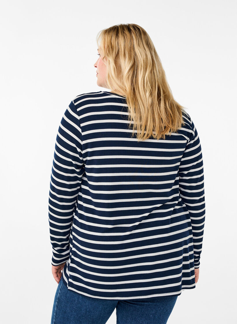 Long-sleeved blouse with stripes, Evening Blue Stripe, Model image number 1