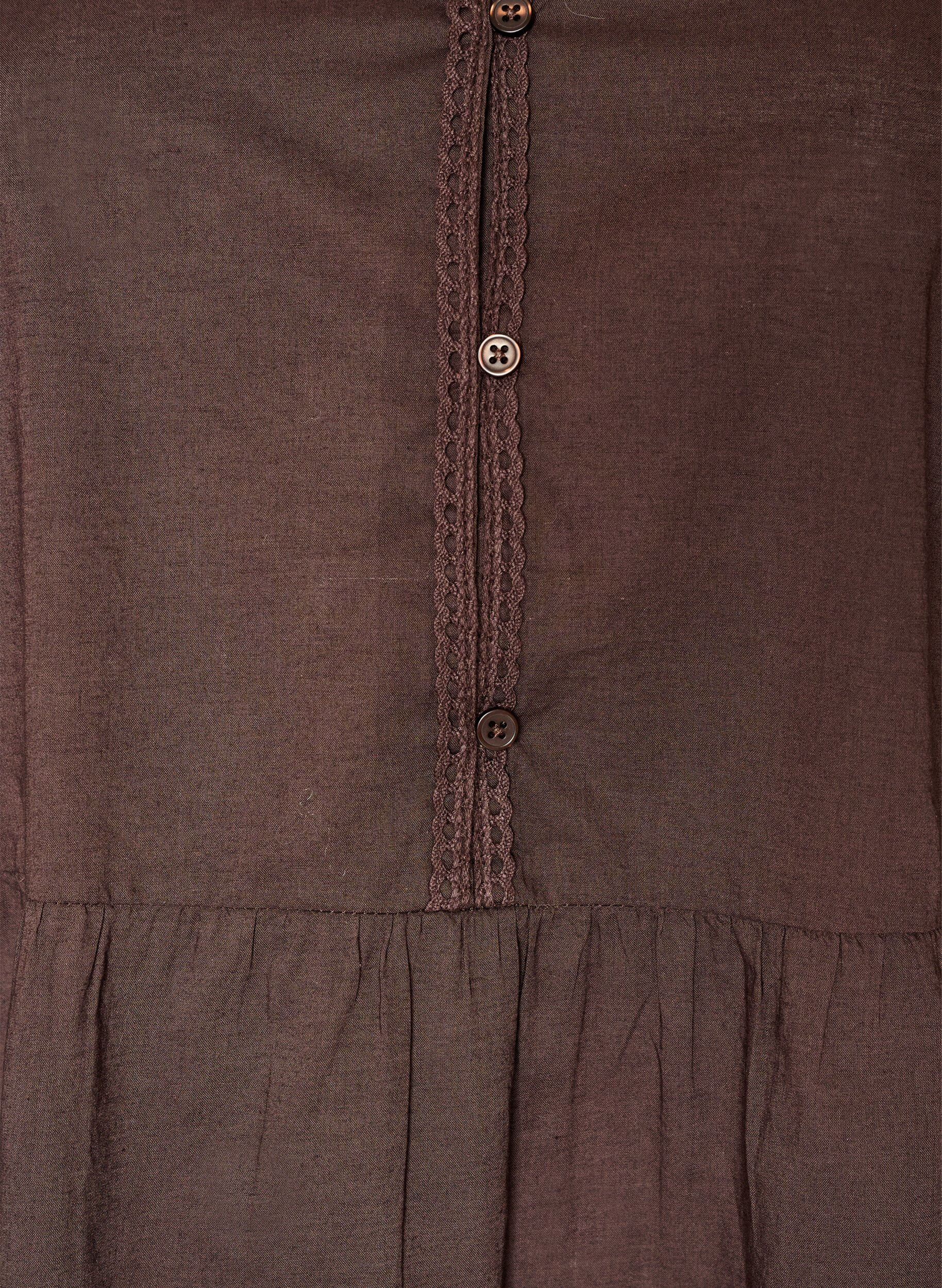 Zizzifashion Cotton tunic with a V-neck and crochet trim, Brown, Packshot image number 2