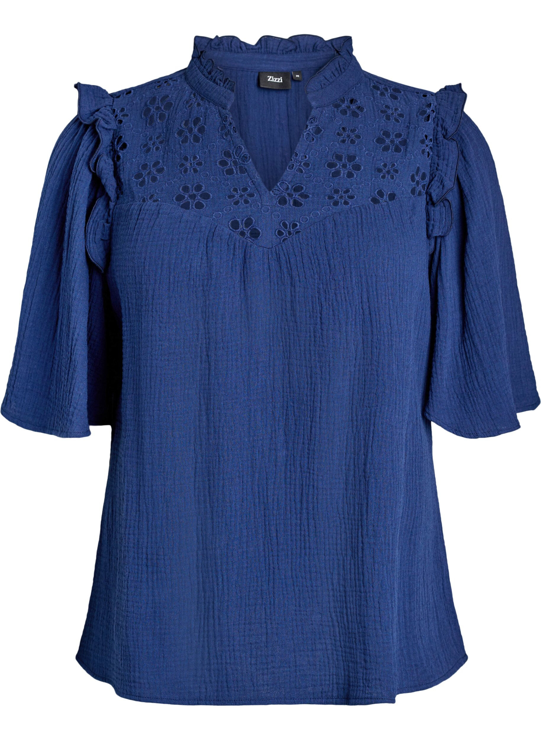 Zizzifashion Blouse in cotton muslin with broderie anglaise and 1/2 sleeves, Blue, Packshot image number 0