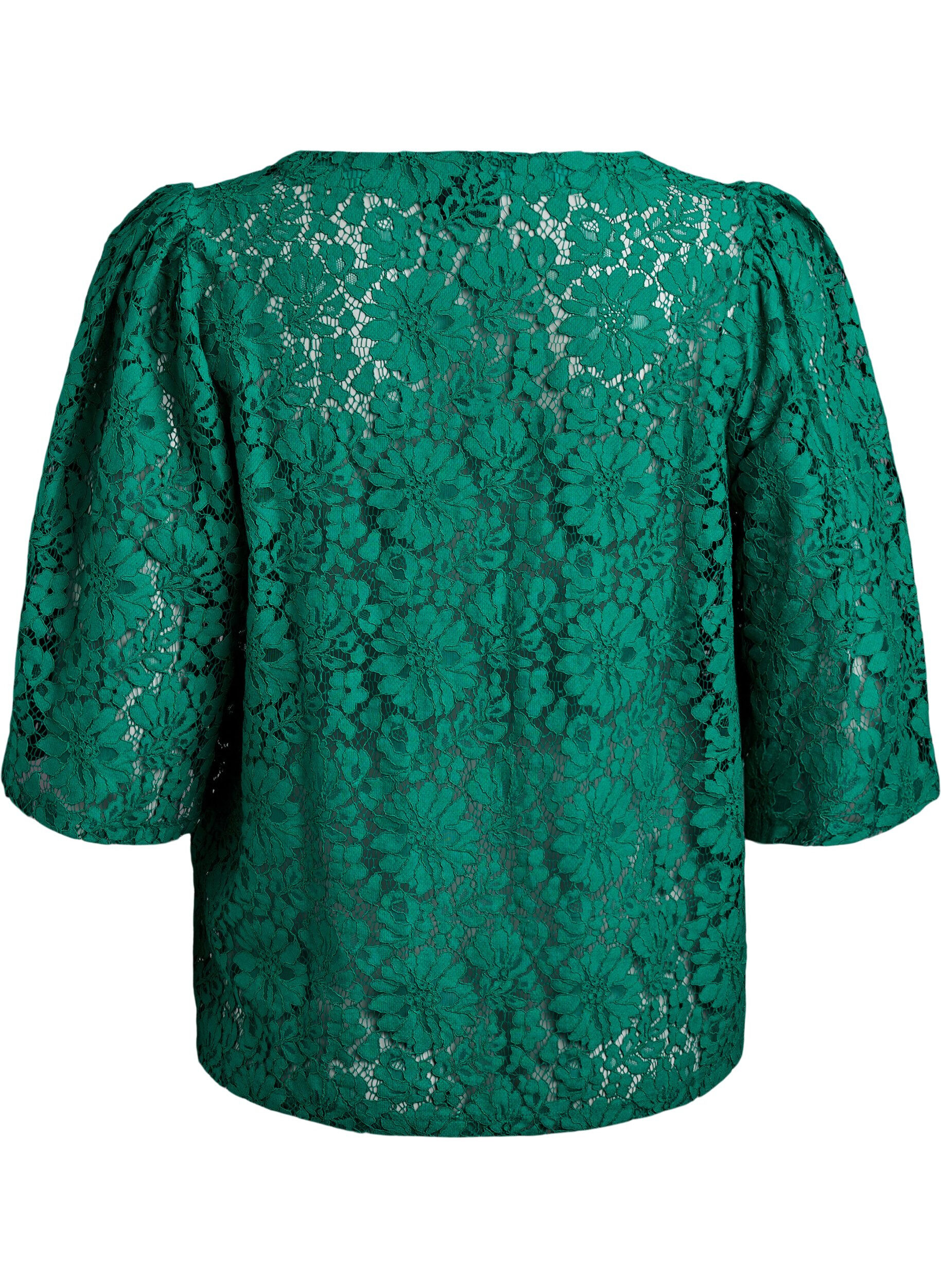Zizzifashion Lace blouse with 3/4 sleeves and bows on the front, Green, Packshot image number 1