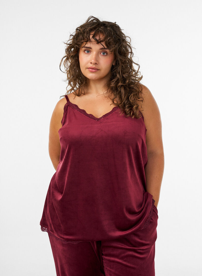 Velour top with lace trim, Red, Model image number 0