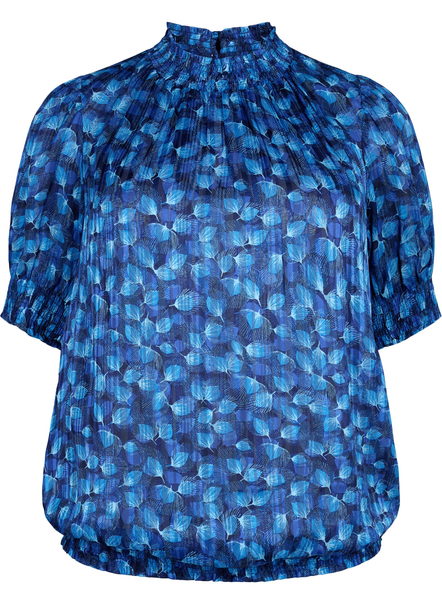 Zizzifashion Short-sleeved smock blouse with print, Navy Blazer Leaf AOP, Packshot image number 0