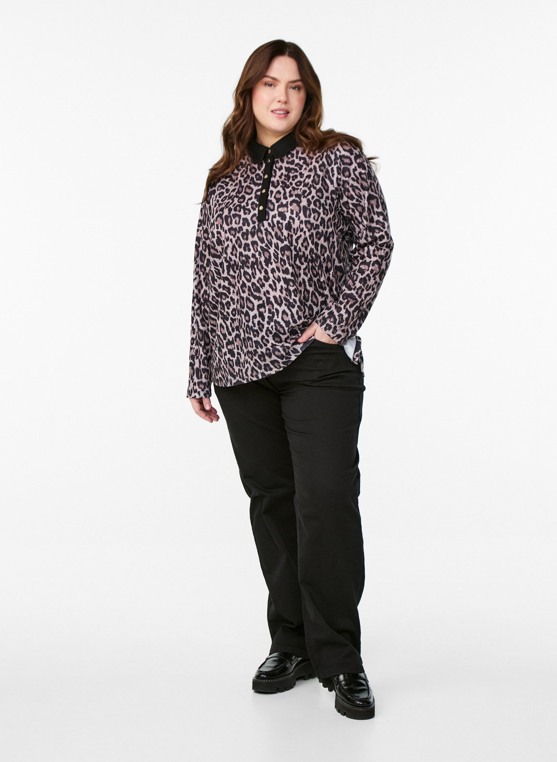 Zizzifashion Polo shirt with leopard print and gold-coloured buttons, Brown, Model image number 1