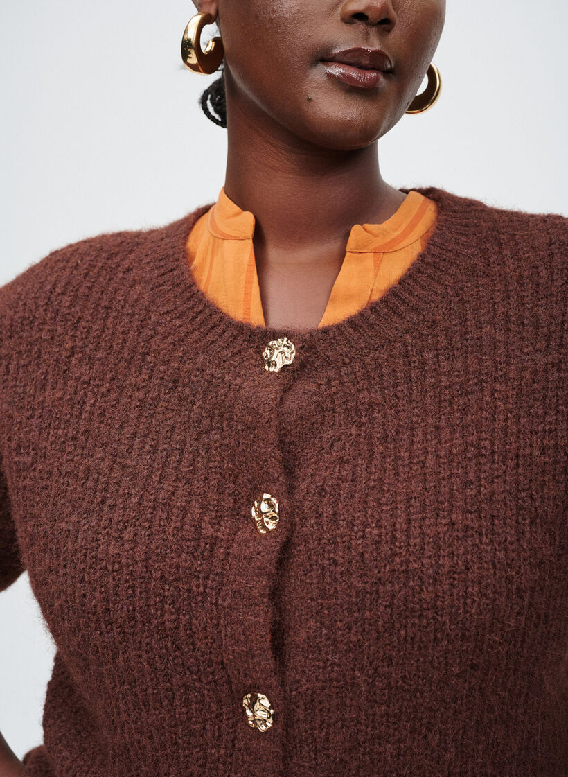 Short cardigan with 3/4-sleeves and golden textured buttons, Brown, Image