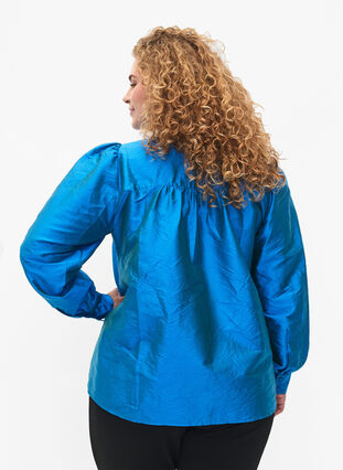 Shiny shirt blouse with ruffles, Diva Blue, Model image number 1