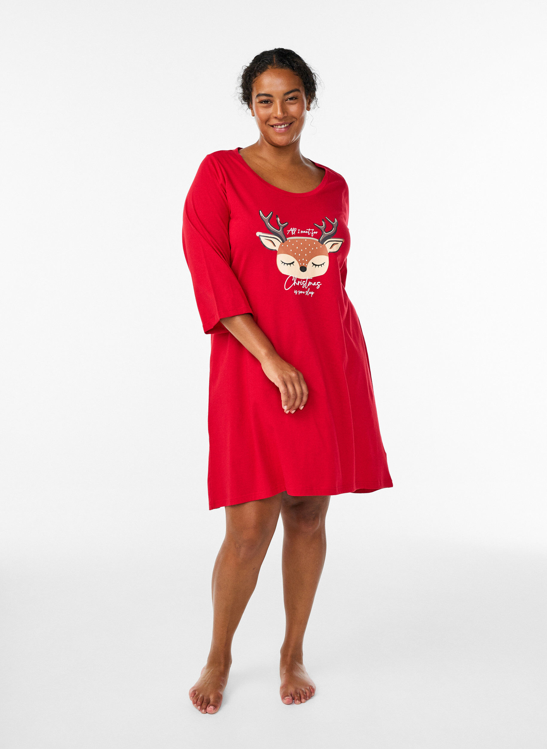 Zizzifashion Nightdress in organic cotton with Christmas motif, Red, Model image number 1