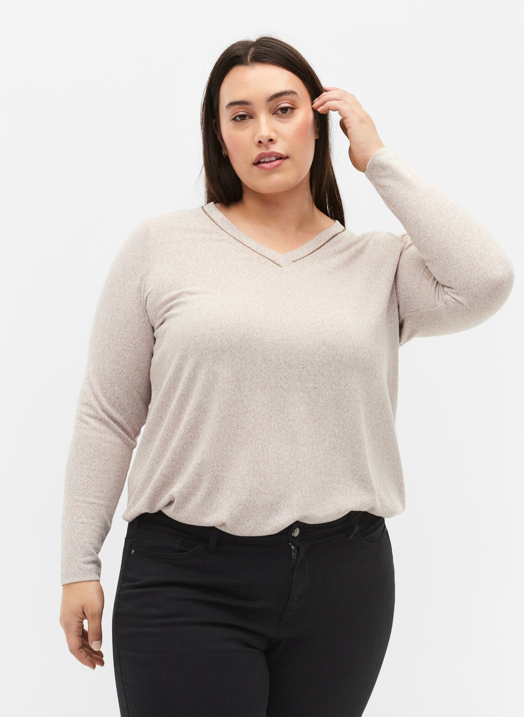 Top with v-neck and long sleeves, Beige, Model