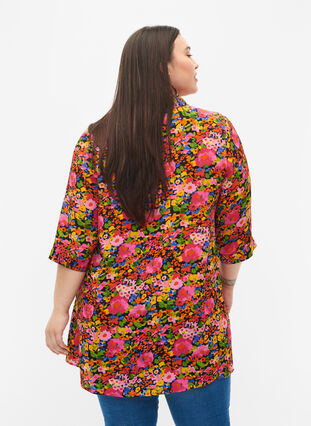 Floral viscose tunic with 3/4 sleeves, Neon Flower Print, Model image number 1