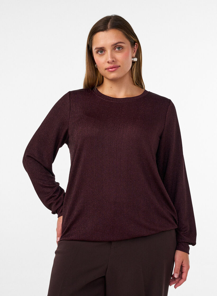 Blouse with vertical texture and glitter thread, Red, Model image number 0