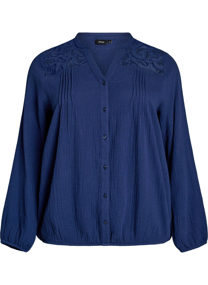 Cotton muslin blouse with embroidered details, Blue, Packshot image number 0