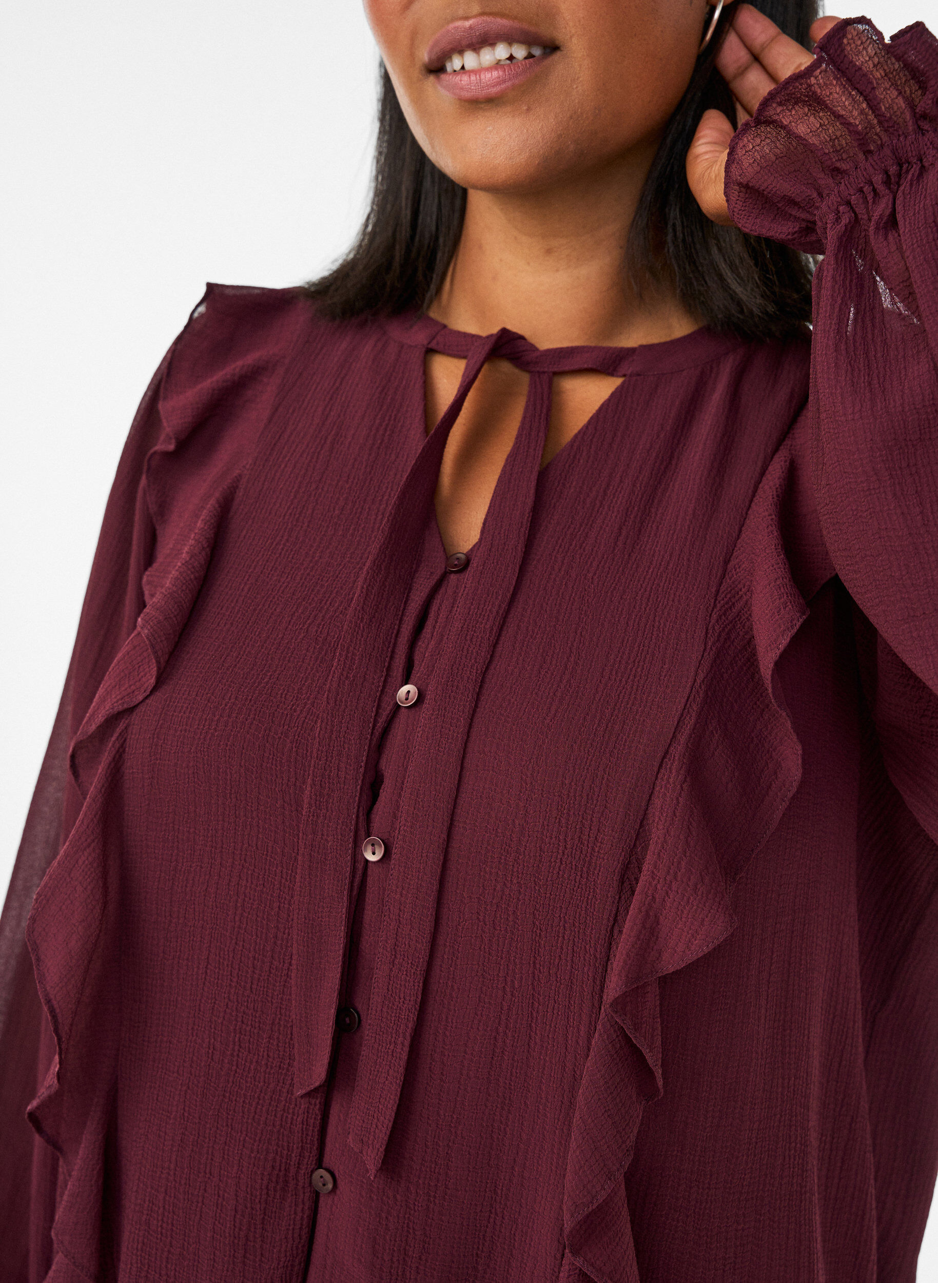 ZizzifashionSheer blouse with ruffles and tie-fastening, Red, Model image number 3