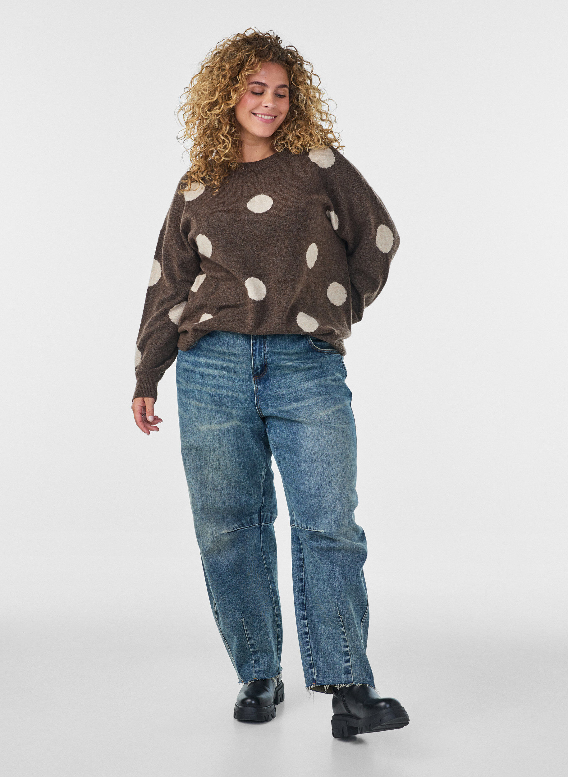 ZizzifashionKnitted blouse with a dotted pattern, Brown, Model image number 1