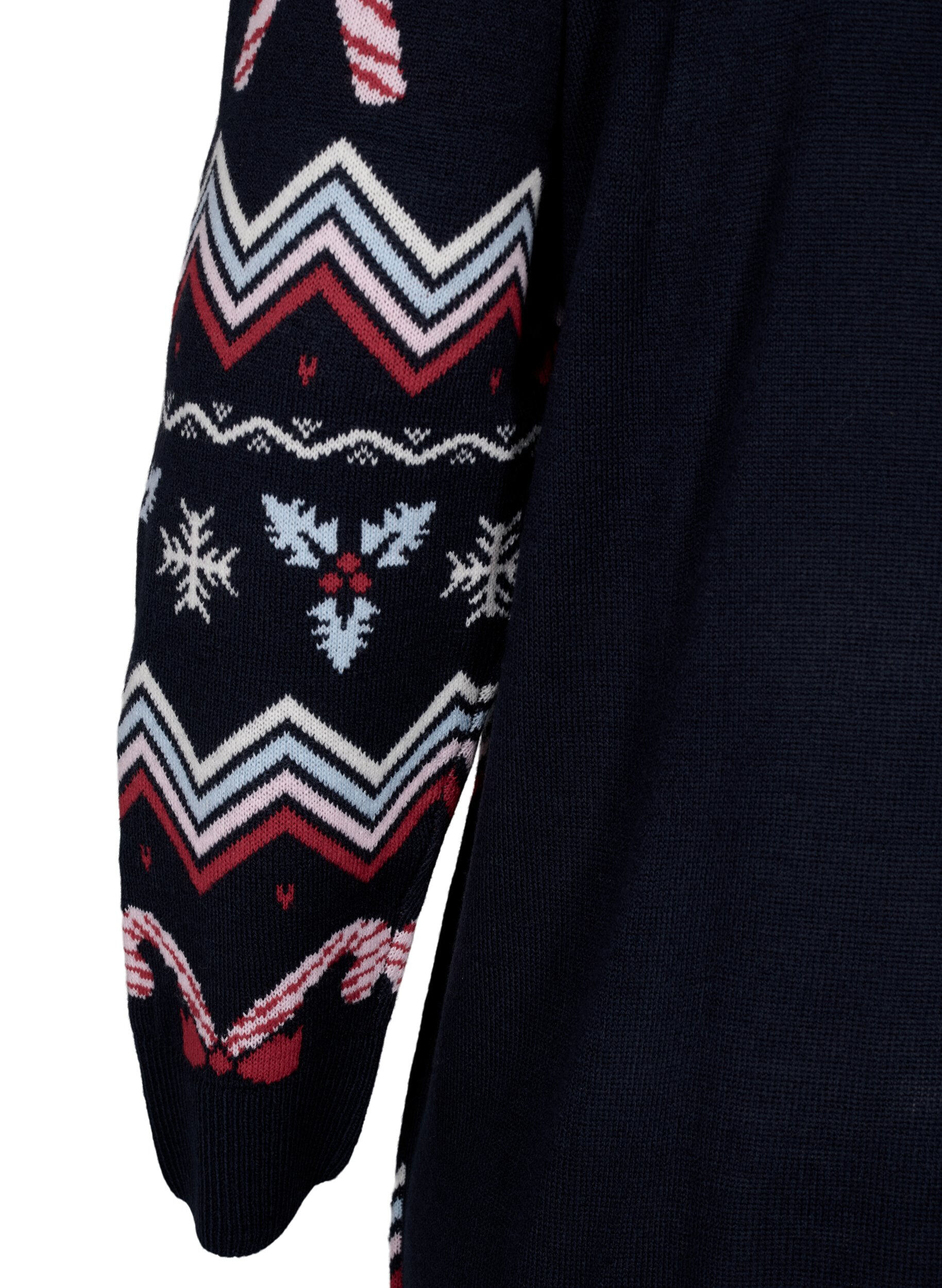 Zizzifashion Long-sleeved knitted dress with a Christmas motif, Navy Blazer Comb, Packshot image number 3
