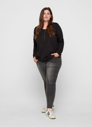 Cotton blouse with a zip detail, Black, Model image number 2