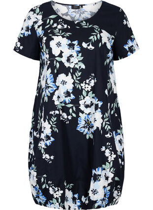 Short-sleeved, printed cotton dress, Black Blue Flowers, Packshot image number 0