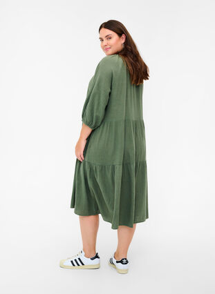 Cotton dress with 3/4 sleeves and tie detail, Thyme, Model image number 1