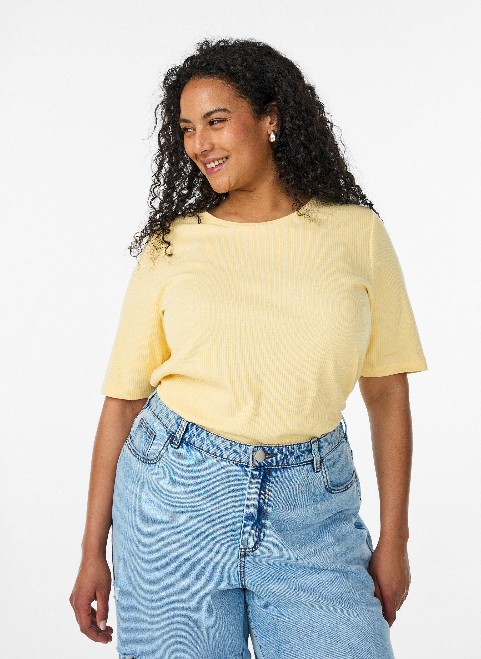 Zizzifashion Ribbed jersey blouse with short sleeves, Yellow, Model image number 0