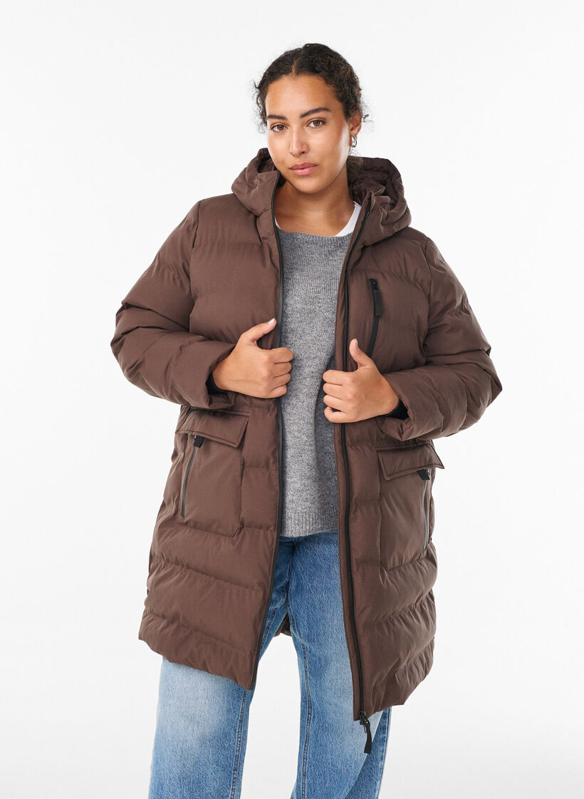 Puffer coat with hood and pockets, Brown, Model image number 0