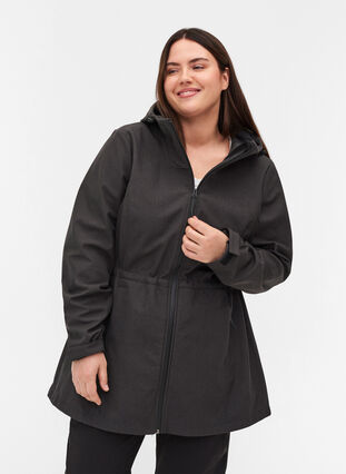 Hooded softshell jacket with adjustable waist, Dark Grey Melange, Model image number 0
