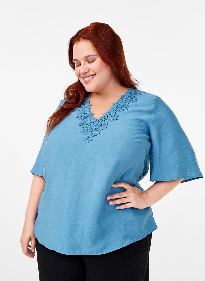 Viscose blouse with v-neck and embroidery detail, Light Blue, Model image number 0
