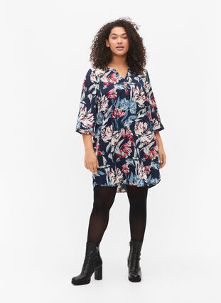 Floral tunic with 3/4 sleeves, Navy Flower, Model image number 2
