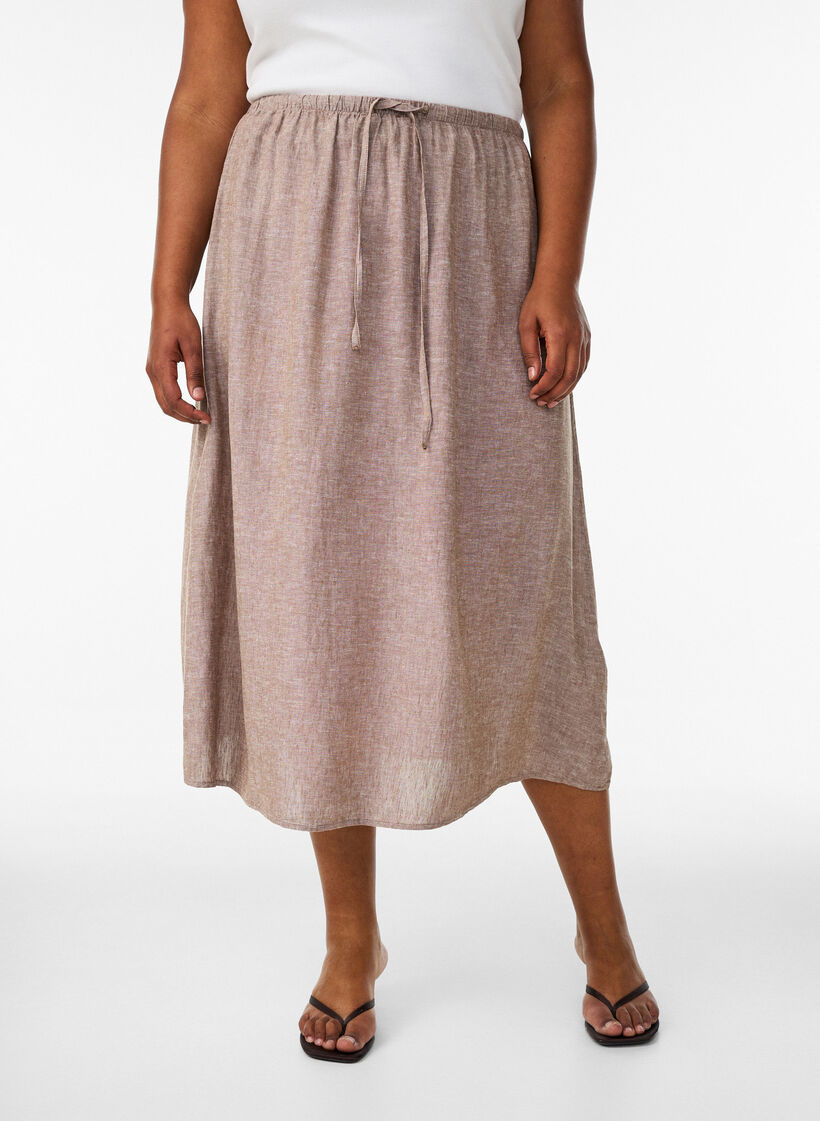 A-line midi skirt in linen and viscose, Brown, Model image number 2