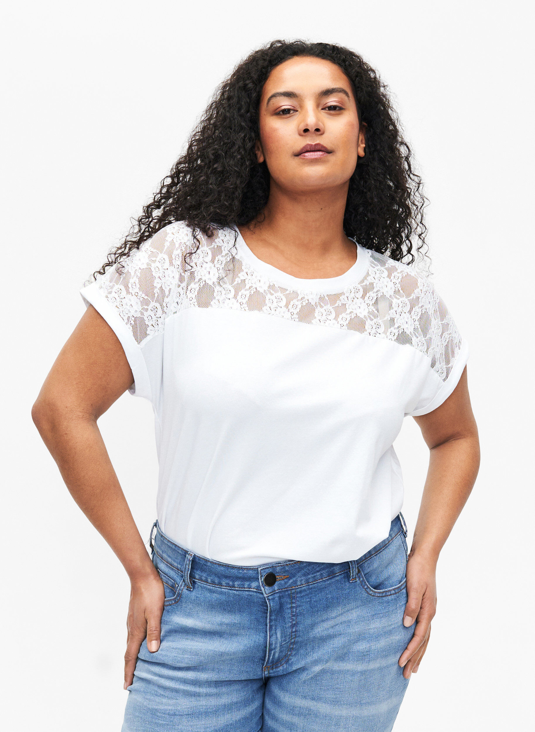 Zizzifashion Short-sleeved cotton t-shirt with lace, Bright White, Model image number 0