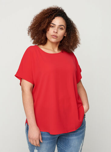 Blouse with short sleeves and a round neckline, Lipstick Red, Model image number 0
