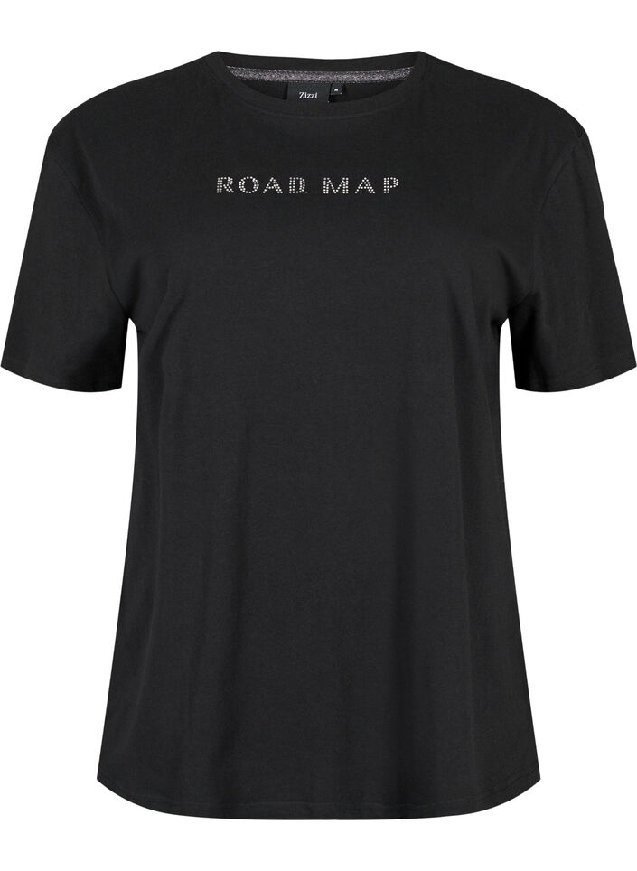 T-shirt in organic cotton with similistones, Black, Packshot image number 0