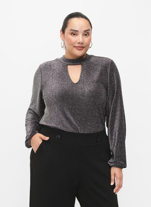 Long-sleeved glitter blouse with round neck and V-detail, Black Silver, Model image number 0