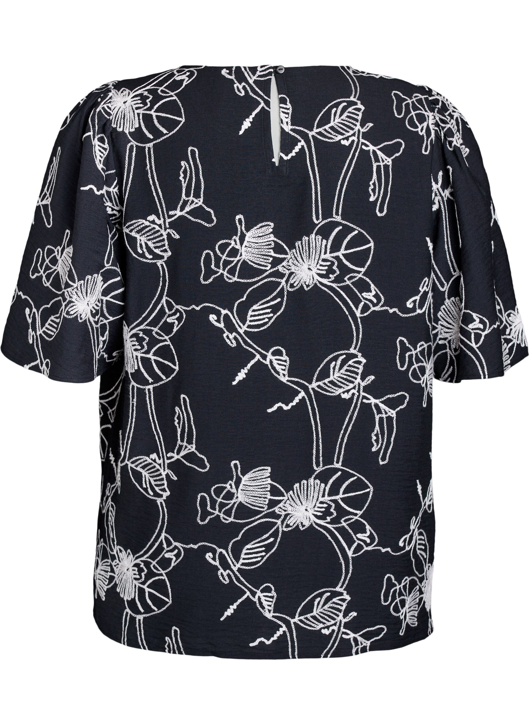 Zizzifashion Short-sleeved blouse with embroidered pattern, Black, Packshot image number 1