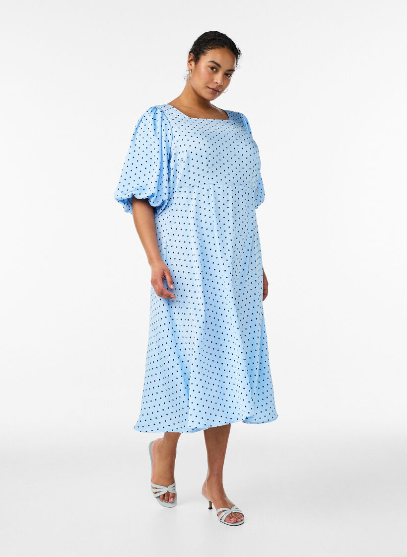 Polka dot midi dress with square neckline, Light Blue, Model image number 0