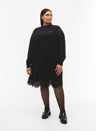 Dress in viscose with embroidered details, Black, Model image number 3