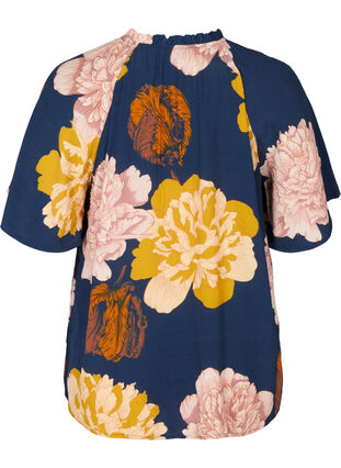Short-sleeved viscose blouse with floral print, Navy Blazer Flower, Packshot image number 1