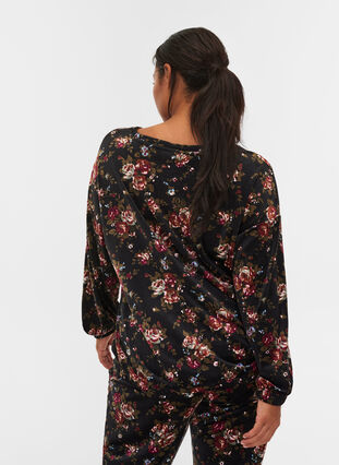 Floral, long sleeve velour blouse, Flower AOP, Model image number 1